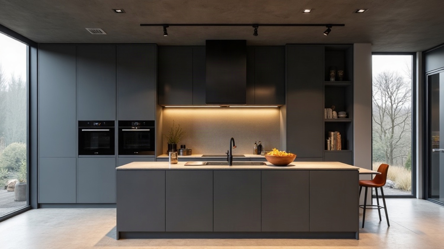 Built-in oven, induction cooktop, refrigerator column, and a climate unit