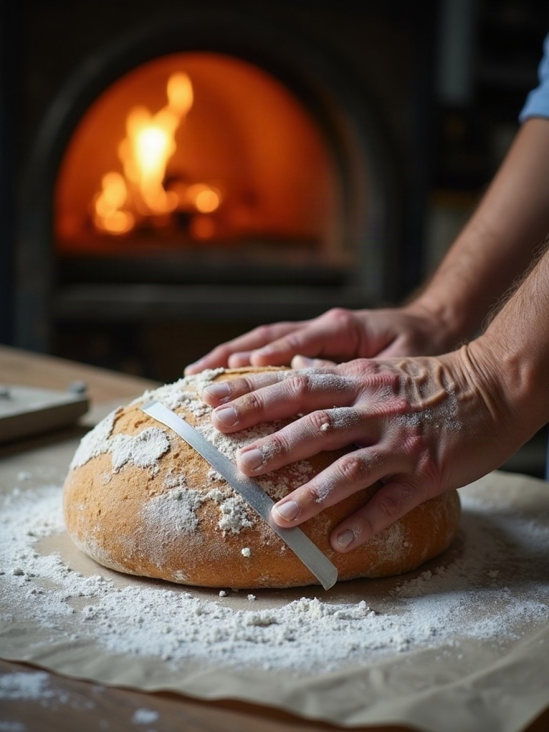 Hands scoring a round wheat loaf on floured linen before baking