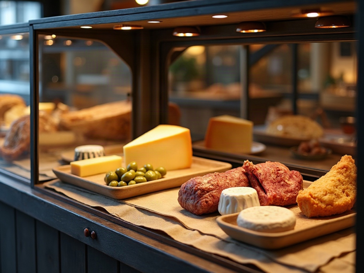 Glass gastronomy case with cheese, olives, cured meat, and ceramic jars