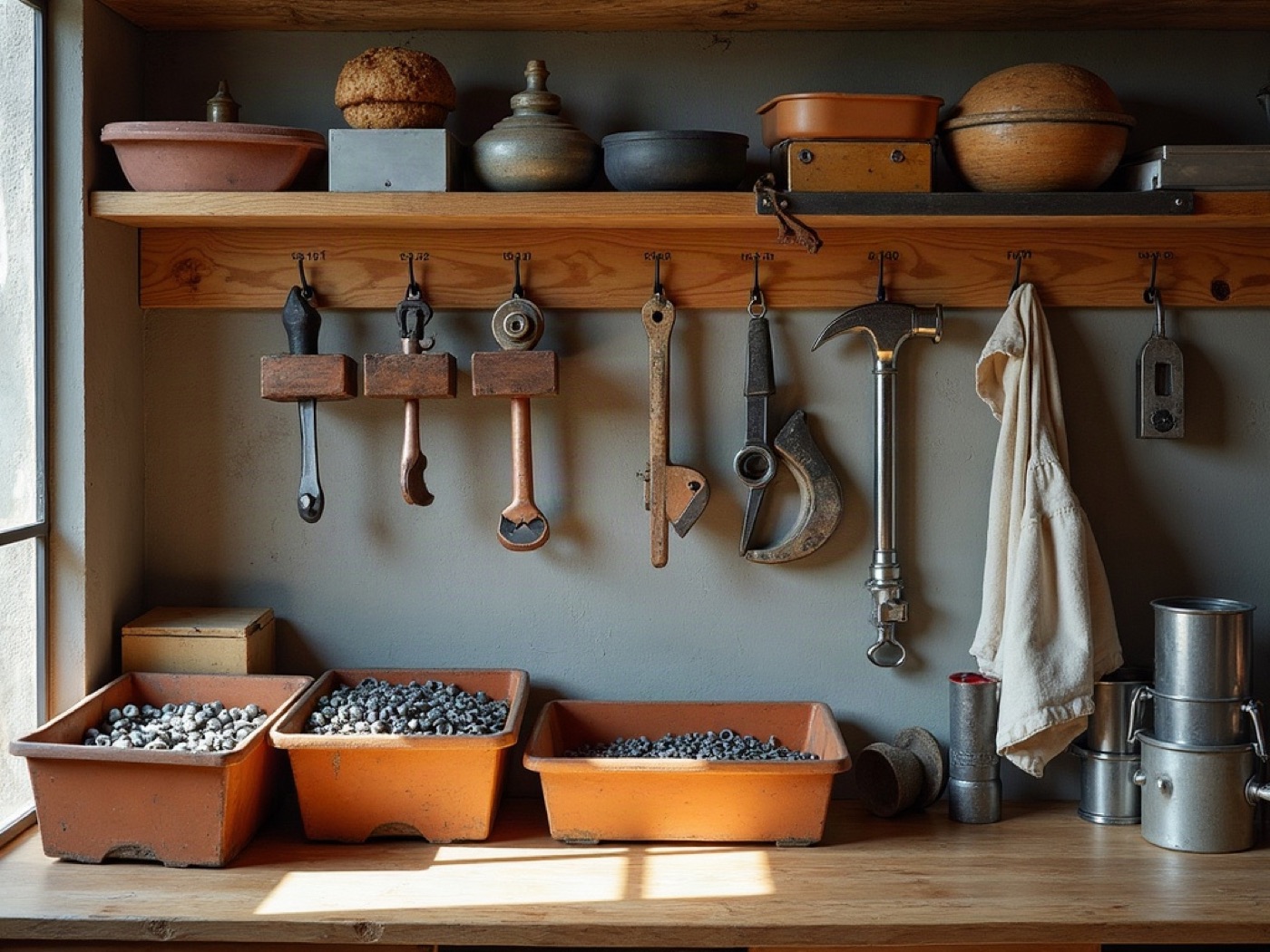 Hardware wall with hand tools, fastener bins, and copper pipe fittings