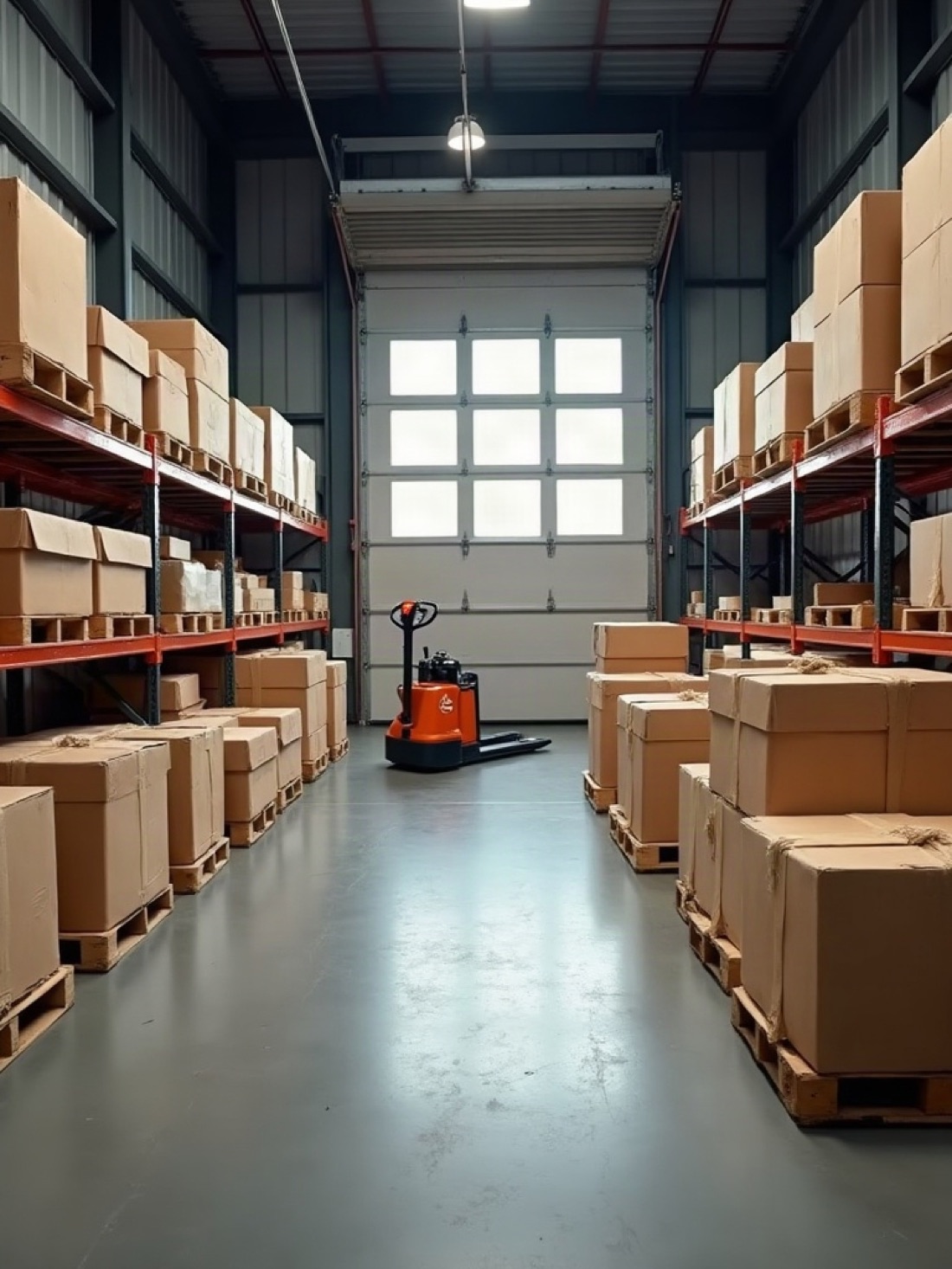 Wholesale hub aisle with grocery pallets, flour sacks, and a dock door
